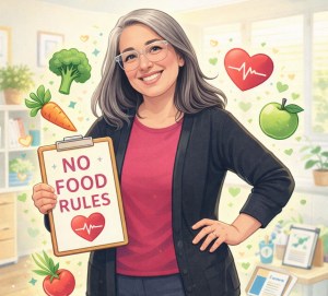 Avatar of Alexia holding clipboard that says No Food Rules.